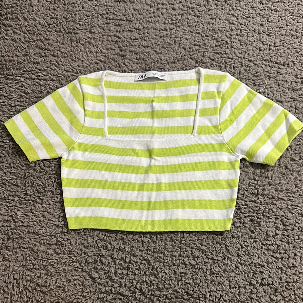 Zara Lime Green and White Striped Crop Top